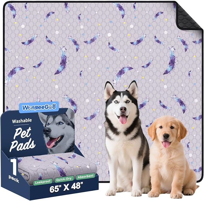 Washable Dog Pee Pads, Non-Slip Waterproof, 65 x 48 in, 1 Pack, Feather | Super absorbent, waterproof and non-slip; washable, reusable dog pads for crates, playpens, floors, furniture and travel