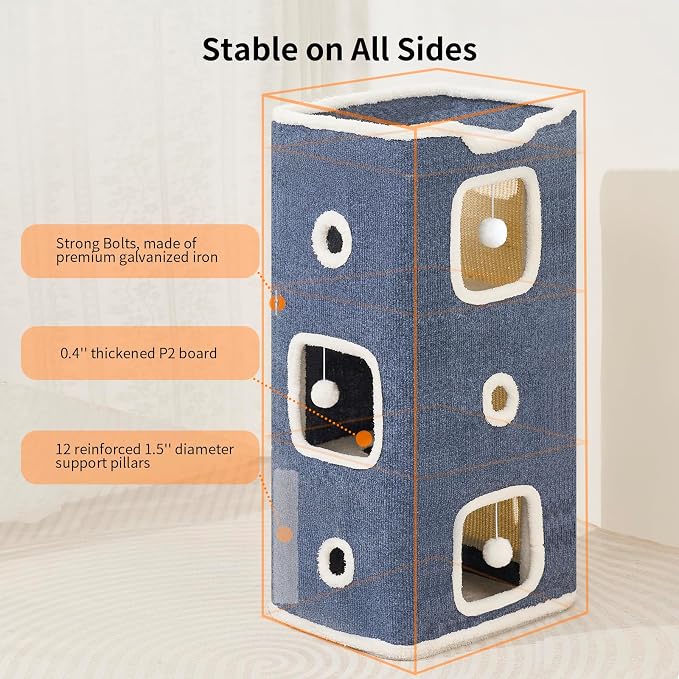 Cat House, Cat Beds for Indoor Cats, 3-Story Cat Condo Cube | Cat Bed Cave with Scratch Pad and Fluffy Ball Hanging, Multi-Level Cozy Hideout Center Ideal for Small/Medium Cats