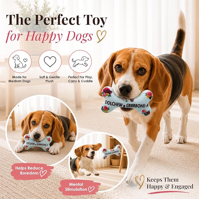 Dog Diggin Designs Dolchew & Grrrbone Plush Dog Toy Bone | Luxury-Inspired Parody Designer Bone with Squeaker, Soft Plush Chew & Play Dog Toy – Prêt-à-Porter Play!