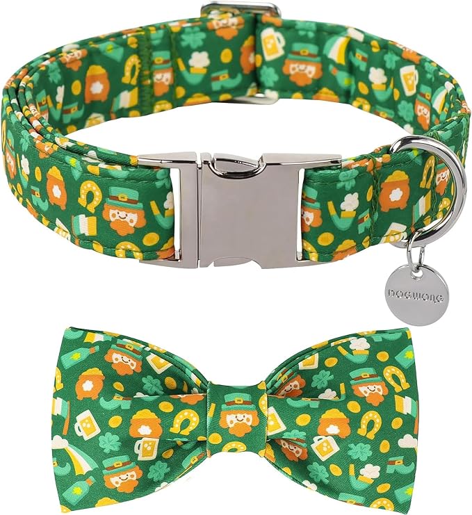 DOGWONG St Patrick Dog Bow Tie with Collar, Irish Holiday Shamrock Lucky Dog Collar for Boys and Girls Large Medium Pets Puppies