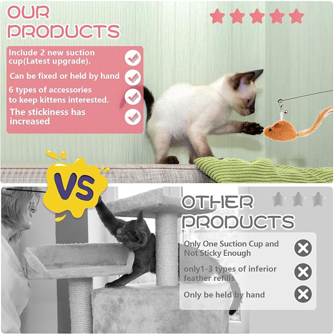 Interactive Bird Simulation Cat Toy Set, Cat Wand Toys, Self-Holding Suction Cups Base, Includes 6 Detachable Replacement Feather Toys