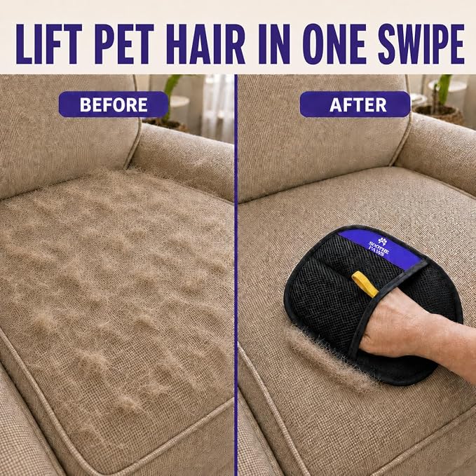 Pet Hair Remover Glove for Dogs & Cats, Self-Cleaning Deshedding Brush Kit | 2-in-1: deshedding brush grooms your pet; electrostatic glove lifts pet hair from cloth couches, car seats & clothing