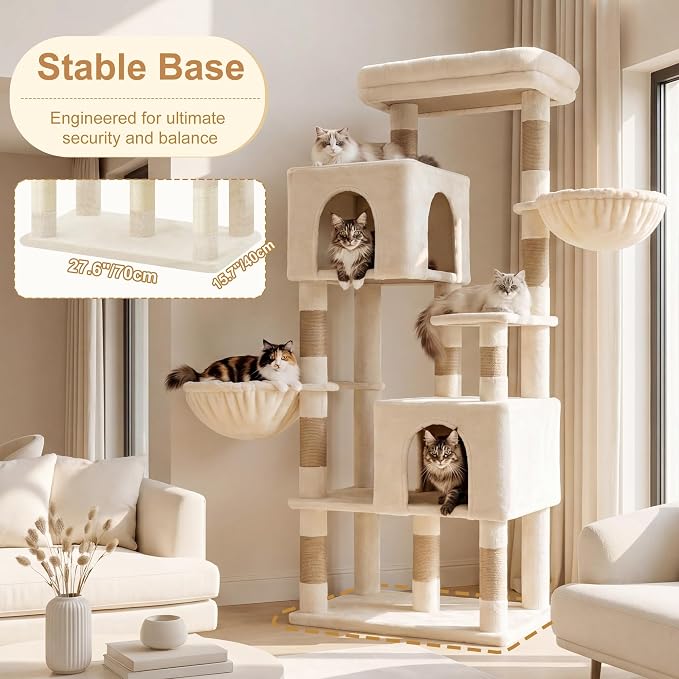Heybly 68.1" Cat Tree with Oversized Top Platform & Wide Base HCT059MJ | Heavy Duty Cat Tower for Large Indoor Cats with 2 Condos, 2 Hammocks, 10 Sisal Scratching Posts, Stable Cat House, Beige
