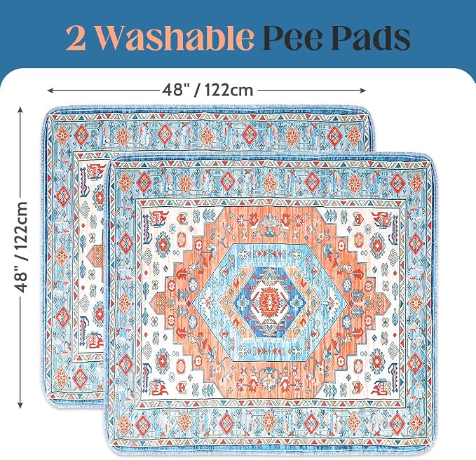 Washable Pee Pads for Dogs, 2 Pack Reusable Puppy Training Pads 48"x48" Super Absorbent Waterproof Dog Training Pads, Non-Slip Potty Pads, Whelping Pads Litter Mat Orange/Mix
