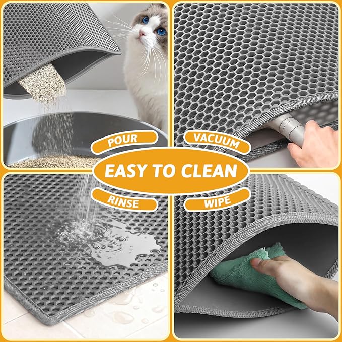 Pieviev Cat Litter Box Mat, Double-Layer Urineproof Design, 47" x 36" Gray | Honeycomb Litter Trapping Mat Captures Scattered Particles to Stop Tracking, Waterproof Base Protects Floors, Easy to Clean
