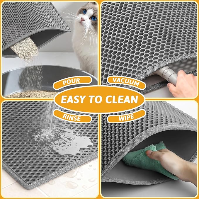 Pieviev Cat Litter Mat, Double-Layer Waterproof Litter Trap, 36" x 30" Gray | Honeycomb Design Catches Scattered Particles to Stop Tracking, Urineproof Base Protects Floors, Easy to Clean