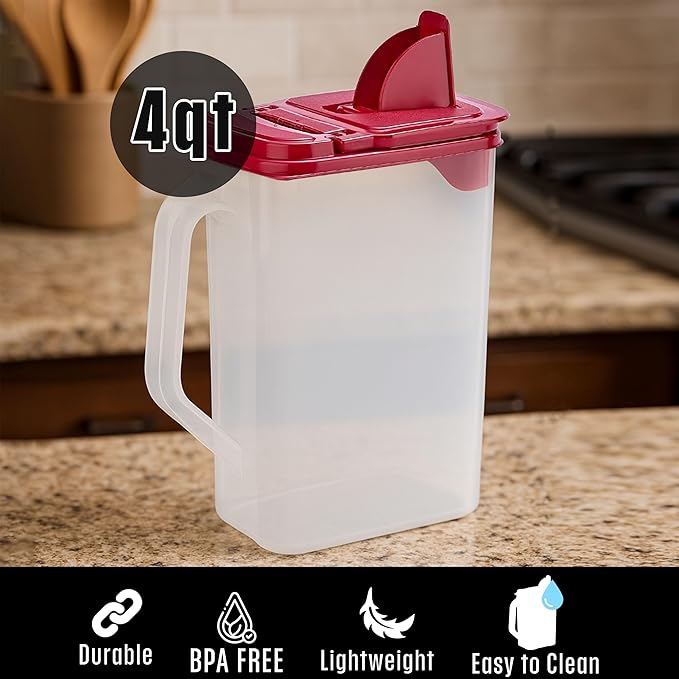 Buddeez Clear Pantry Storage Container, Dry Storage, 4 Quart, Red Lid | Clear container for easy visibility, Easy-grip handle, Easy-pour spout, For flour, sugar, cereal, rice and dry goods