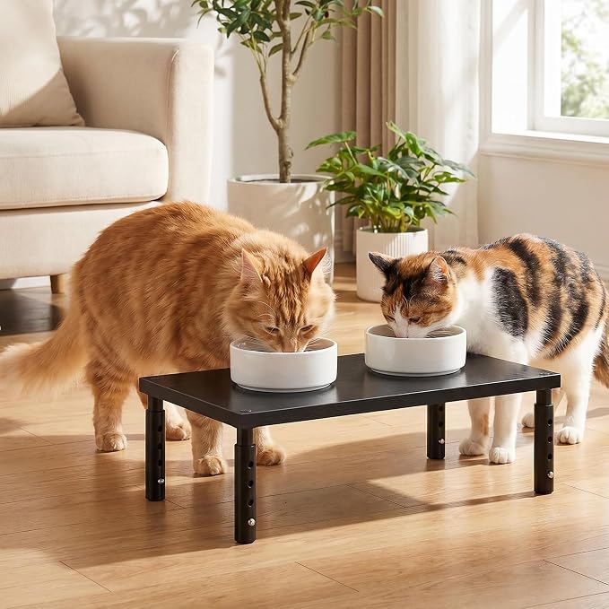 OPNICE Adjustable Cat Food Stand, Elevated Cat Feeder Stand with 4 Height Settings, Automatic Cat Feeder & Tradition Bowls, Raised Pet Feeding Table Station for Cats & Small Dogs, Waterproof Wood