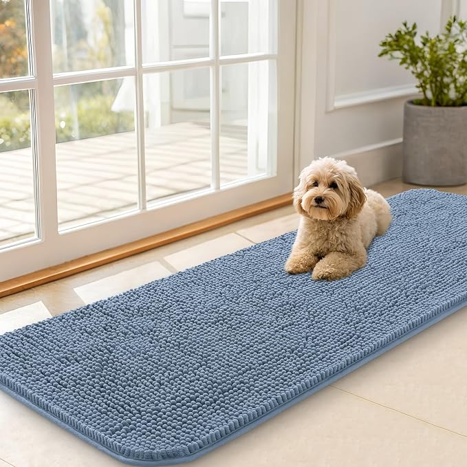 OLANLY Dog Door Mat for Muddy Paws 59x20, Super Absorbent Chenille Mud Mat | Airy Blue, Absorbs Moisture and Dirt, Non-Slip Machine Washable Doormat, Quick-Drying Indoor Entryway Floor Carpet for Dogs