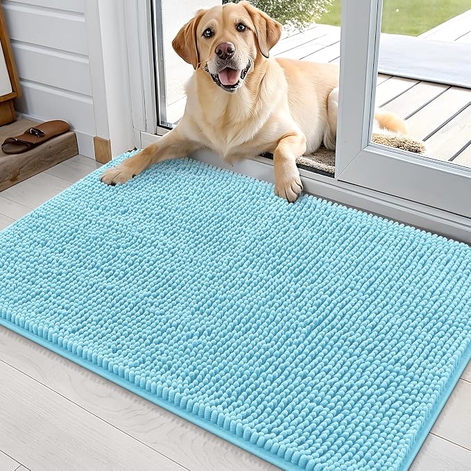 OLANLY Dog Door Mat for Muddy Paws 36x24, Super Absorbent Chenille Mud Mat | Blue, Absorbs Moisture and Dirt, Non-Slip Machine Washable Doormat, Quick-Drying Indoor Entryway Floor Carpet for Dogs