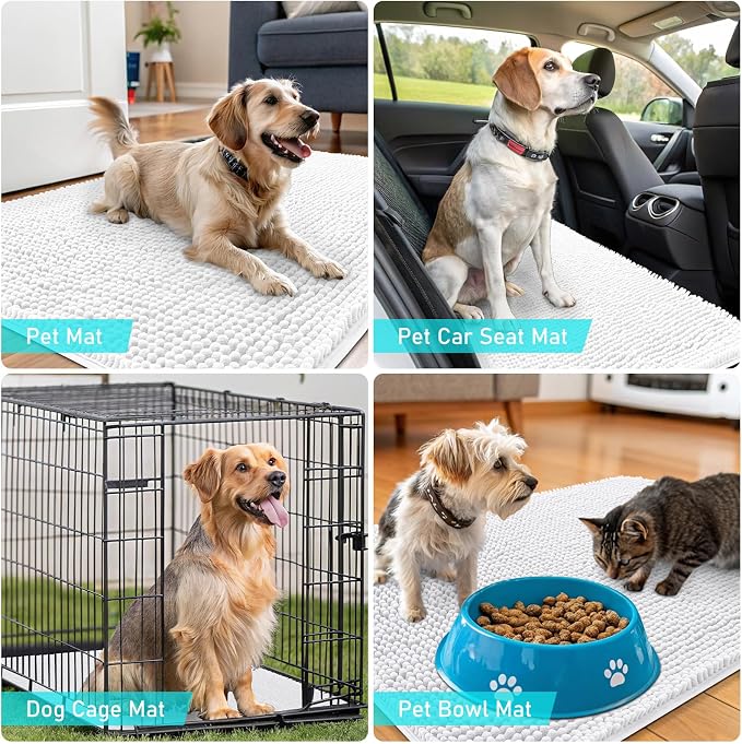 OLANLY Dog Door Mat for Muddy Paws 36x24, Super Absorbent Chenille Mud Mat | White, Absorbs Moisture and Dirt, Non-Slip Machine Washable Doormat, Quick-Drying Indoor Entryway Floor Carpet for Dogs