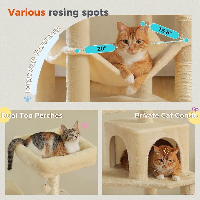 PEQULTI 56.3'' Cat Tree for Indoor Cats, Multi-Level Cat Tower with 2 Top Perch, Cat Condo, Hammock and Sisal-Covered Scratching Post, Beige