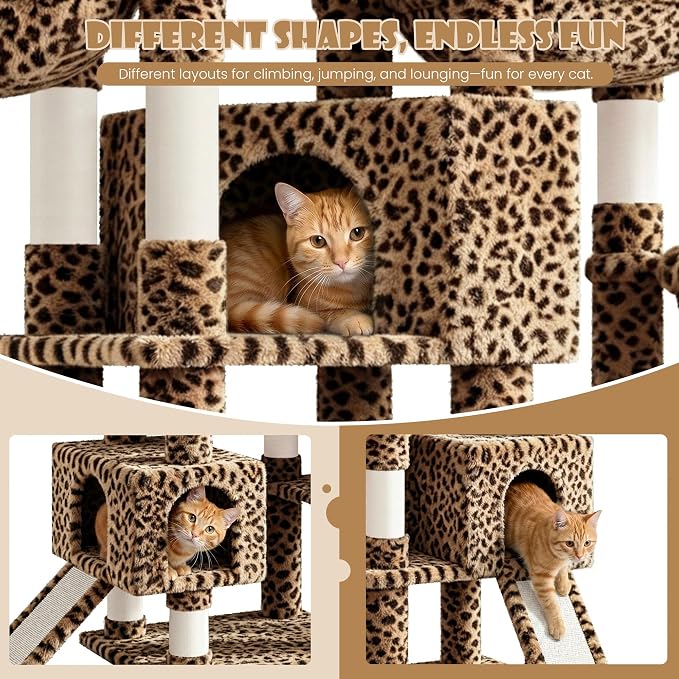 Sha Cerlin 87 in Multi-Level Tall Cat Tree Tower for Large Cats/Extra Wide Feline Activity Center/Sisal Scratching Posts/Wide Base/Cozy Plush Perches/Baskets/Hammocks/Toy Balls/Leopard Print