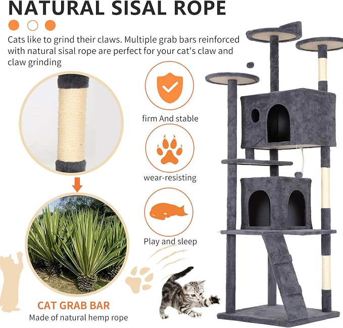 BestPet | 81" Cat Tree Tower | Dark Gray | Sturdy, Easy to Assemble, Multi-Level Activity Center with Sisal Scratching Posts, Condos, Perches, Hanging Cat Toys, Observation Decks & Ladder