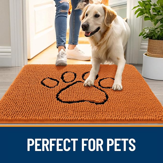 OLANLY Dog Door Mat for Muddy Paws 48x30, Paw Print Design Chenille Mud Mat | Clay, Super Absorbent, Traps Moisture and Dirt, Non-Slip Washable Doormat, Quick-Drying Indoor Entryway Floor Carpet for Dogs