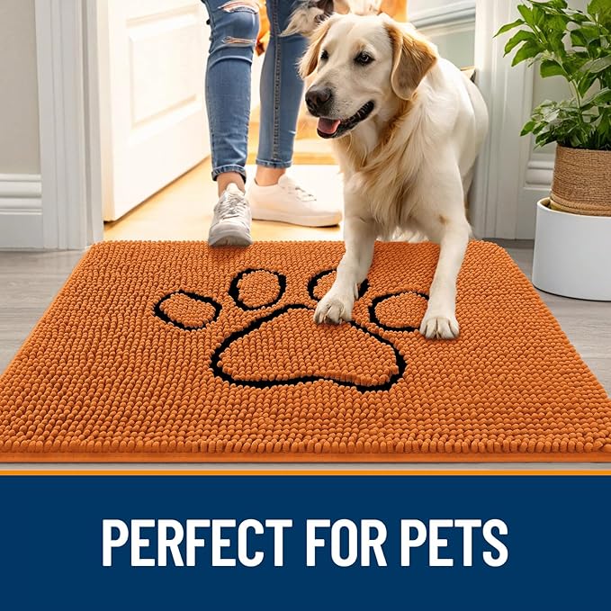 OLANLY Dog Door Mat for Muddy Paws 30x20, Paw Print Design Chenille Mud Mat | Clay, Super Absorbent, Traps Moisture and Dirt, Non-Slip Washable Doormat, Quick-Drying Indoor Entryway Floor Carpet for Dogs