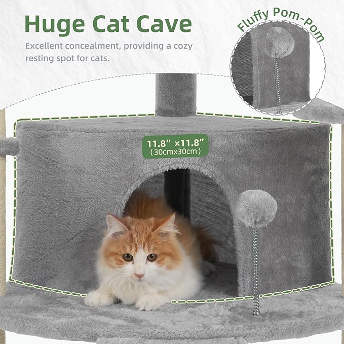 Corner Cat Tree Tower with All Sisal Scratching Posts GCT025W | 44.1" Cat Furniture with Multi-level Cat Condo, Cat Cave, Hanging Basket, Sisal Scratching Ramp for Indoor Cats, Light Gray