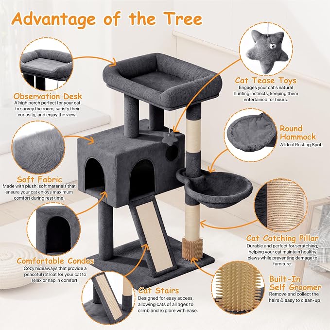 36-Inch Cat Tree Tower for Small and Medium Indoor Cats, Multi-Level Climbing Tower with Sisal Scratching Posts, Hammock, Cat Condo & Scratching Board, Smoky Gray