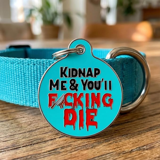 Bad Tags Personalized Dog and Cat ID Tags in 25+ Designs and 2 Sizes - 5 Lines of Custom Engraved Text - Funny Cute Personalized Pet Tags (Kidnap Me & You'll F*cking Die, Large (1.25 inch))