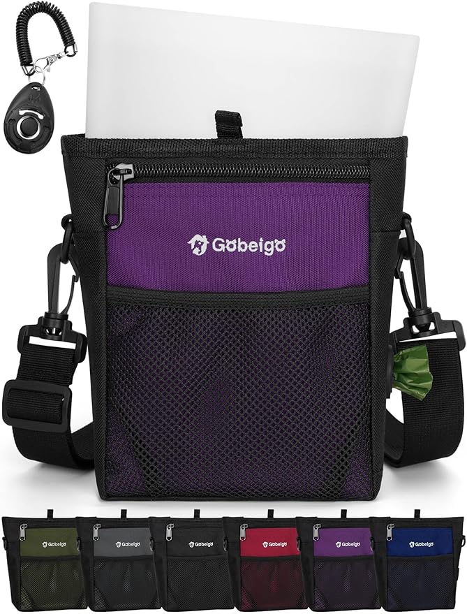 4 Cup Dog Treat Pouch with Silicone Insert Bag& Clicker(Purple) | 2 Pair Magnetic Closures, Belt Clip/Waist Belt/Crossbody Wear, Zipper Pocket Poop Bag Holder for Pet Training/Daily Walking
