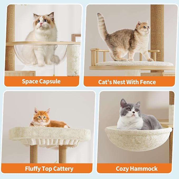 Cat Tree with Litter Box Enclosure, Multi-Level Cat Tower with Hidden Litter Box Furniture, Large Plush Top Perch, Sisal Scratching Posts, Cat Condo & Hammock for Indoor Cats, Living Room,Natural Wood