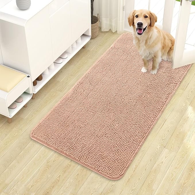 OLANLY Dog Door Mat for Muddy Paws 40x24, Super Absorbent Chenille Mud Mat | Peach, Absorbs Moisture and Dirt, Non-Slip Machine Washable Doormat, Quick-Drying Indoor Entryway Floor Carpet for Dogs