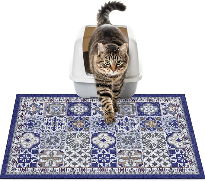 24"x15" Cat Litter Mat Waterproof Non-Slip Litter Trapping Pad | Soft Mesh Litter Box Mat With A Decorative Pattern Captures Scatter Effectively To Keep Floors Clean And Tidy