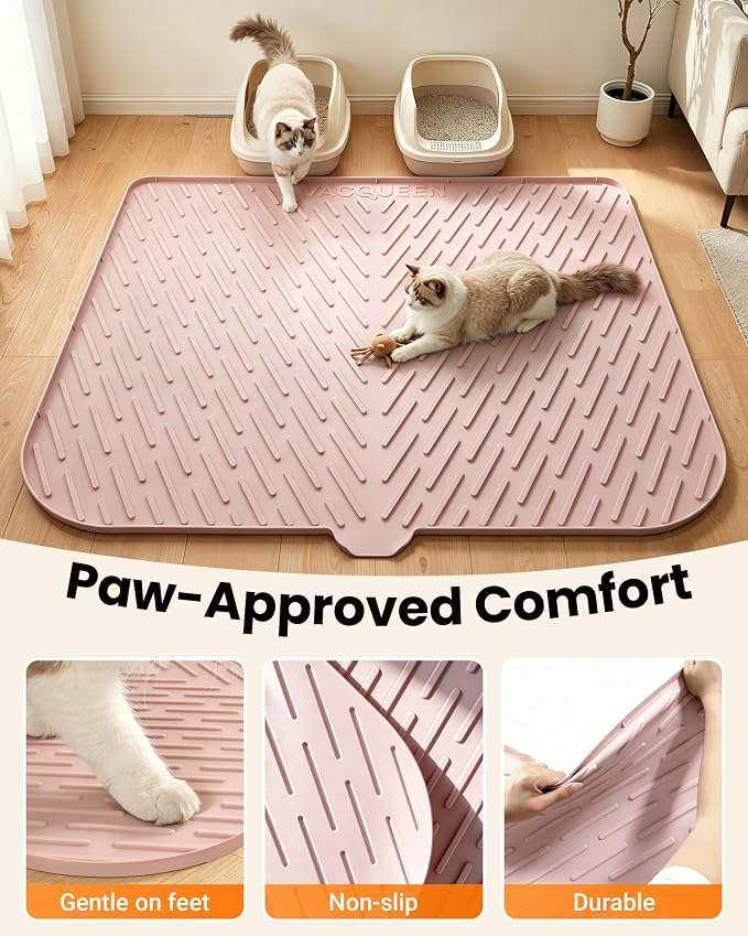 Cat Litter Mat, 47"x37" Extra Large Litter Box Mat, Silicone Mat, Pink | Waterproof Litter Trapping Mat for Scatter Control, Soft on Cat Paws Non-Slip Easy to Clean