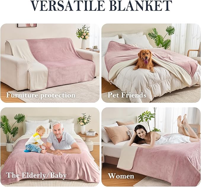 Waterproof Blanket 30"x40" for Dogs Cats, Reversible Waterproof Bed Cover for Pets, Soft Leakproof Blanket for Bed Couch Sofa Furniture Protector, Dusty Pink/Off White