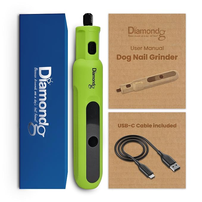 Diamondg Micro Dog Nail Grinder - Quiet Sound with LED Light, Green | 5-Speed Rechargeable Pet Nail Trimmer for Small & Large Dogs, LCD Display, USB-C Charging, 4hrs. Runtime Rotary Tool