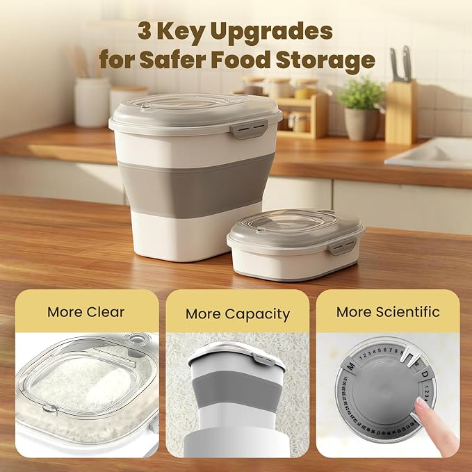 HOYTAMDAR 50Lbs Collapsible Rice Container,Airtight Food Storage container | Rice Storage Container with Clear Lid,Wheel,Date Tracker,2pcs Bins&Measuring Scoop,Rice Dispenser for Pet Food Rice Flour
