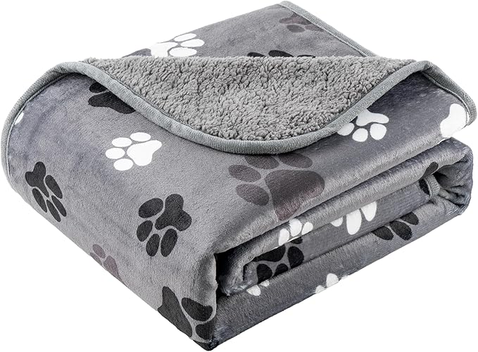Waterproof Dog Blankets Pet Blanket 60"x80", Soft Fluffy Sofa Car Bed Protector, Reversible Sherpa Fleece Dog Blanket for Large Dogs(Dark Grey-Paws)