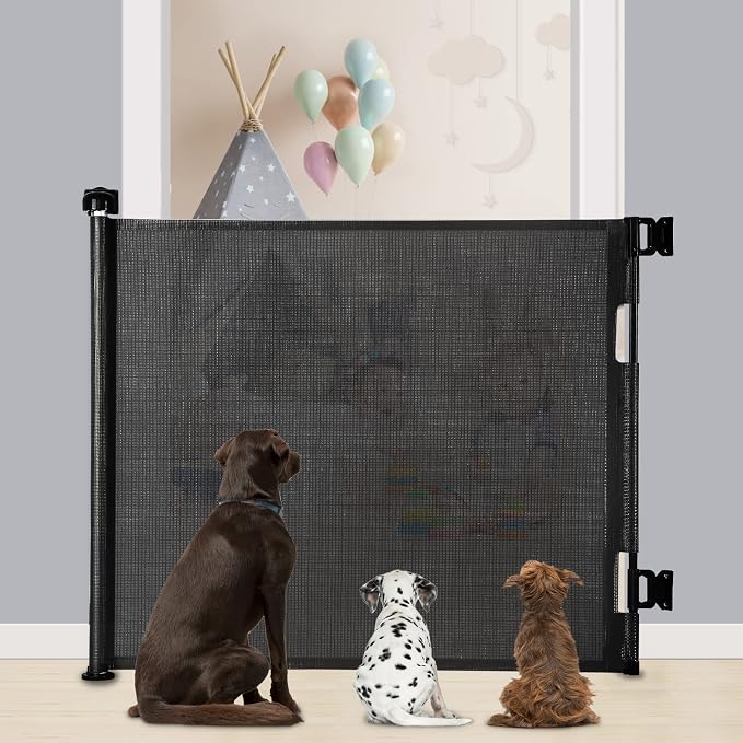Retractable Baby Gate for Stairs & Doorways, 33" Tall Extends to 55" Wide | Extra Wide Safety Kid Pet Gate, Mesh Dog Gate for Indoor,Outdoor, Hallways One-Handed Operation, Easy Install(33”x55”- Black)