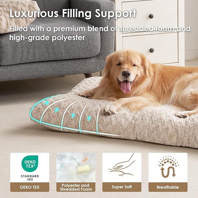 EHEYCIGA Washable Dog Bed for Crate 36x27 Inch, Anti-Slip L Plus Kennel Pad for Dogs Up to 55 lbs, Plush and Comfy Pet Sleeping Mat, Beige
