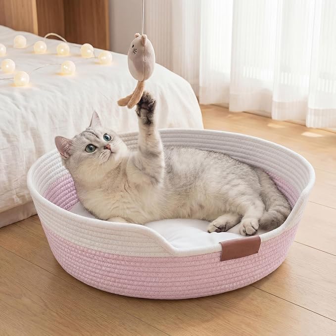 YOUDENOVA Cat Bed Basket with Removable Cushion,Stimulicat Handwoven Cat&Dog Basket,Cat Beds for Indoor Cats Couch, Kitten Bed for Medium and Large Cat, All Season Universal