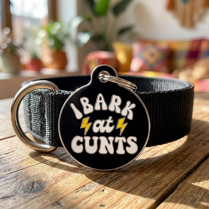 Bad Tags Personalized Dog and Cat ID Tags in 25+ Designs and 2 Sizes - 5 Lines of Custom Engraved Text - Funny Cute Personalized Pet Tags (I Bark At C*NTS - Black, Small (1 inch))