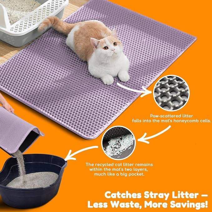 Cat Litter Mat 47"x27",Double Layer EVA Litterbox Mat Purple | Extra Large Honeycomb, Waterproof & non-slip, Odor-free, easy clean, washable durable floor protector,scatter control