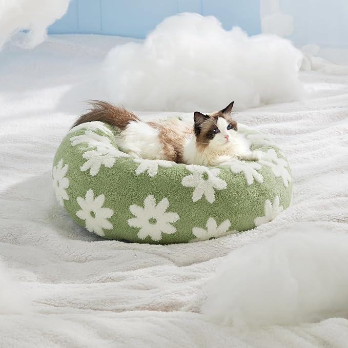 LE SURE Shown on TV Donut Cat Beds for Indoor Cats - Round Small Dog Bed Calming Gift for Pets, Cute Modern Home Decor Beds with Jacquard Shaggy Plush & Anti Slip Bottom, 20 Inch, Green