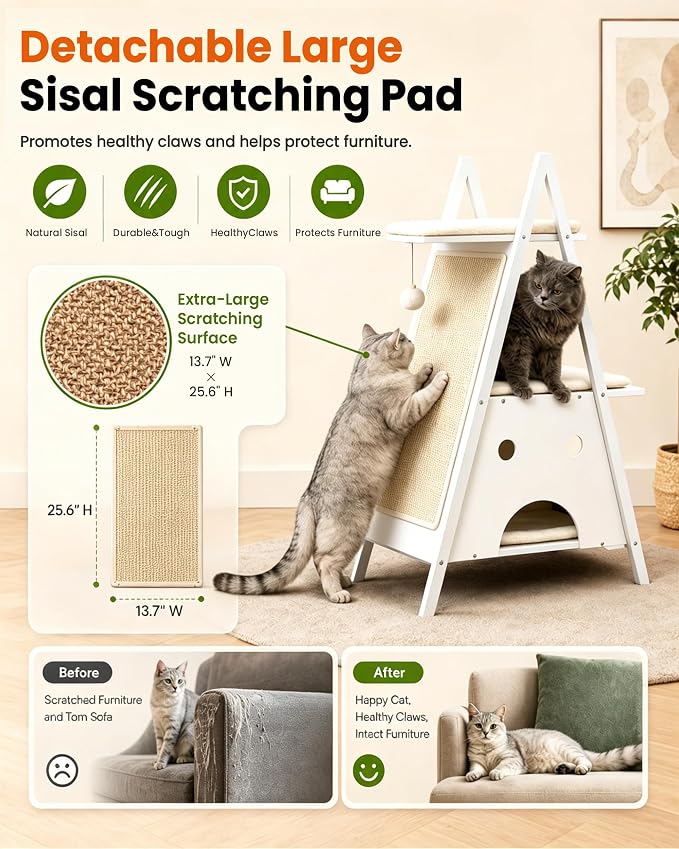 Modern Wood Cat Tree Tower for Indoor Cats Large Adult 67-in Tall | Heavy Duty XL Stable Wooden Cat Condo House Furniture with Multi-Level Spacious Perch Scratching Board Soft Washable Pads