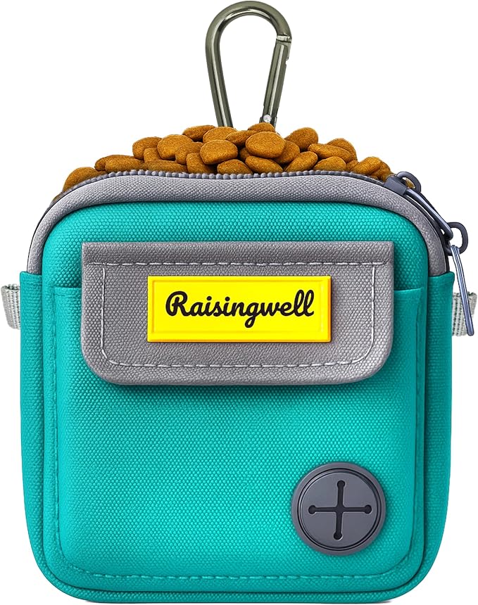 Raisingwell Dog Treat Pouch for Pet Walking and Training with Clicker Poop Bags and Three Bags Design Small Fanny Zipper Pack Holder for Puppy Snack Dispenser Kit for Leash and Outdoor Use (Green)