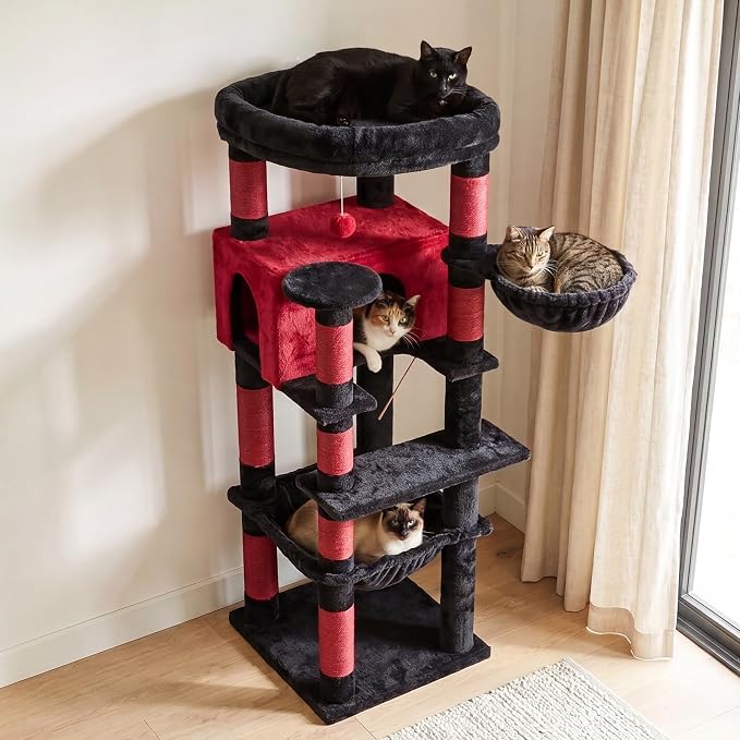 Heybly 53.1" Corner Cat Tree for Large Cats – Interactive Play HCT029BR | Sturdy Cat Tower with Cozy Cat Condo, Fan-Shaped Top Perch, Basket, Hammock & Solid Base, Black and Red