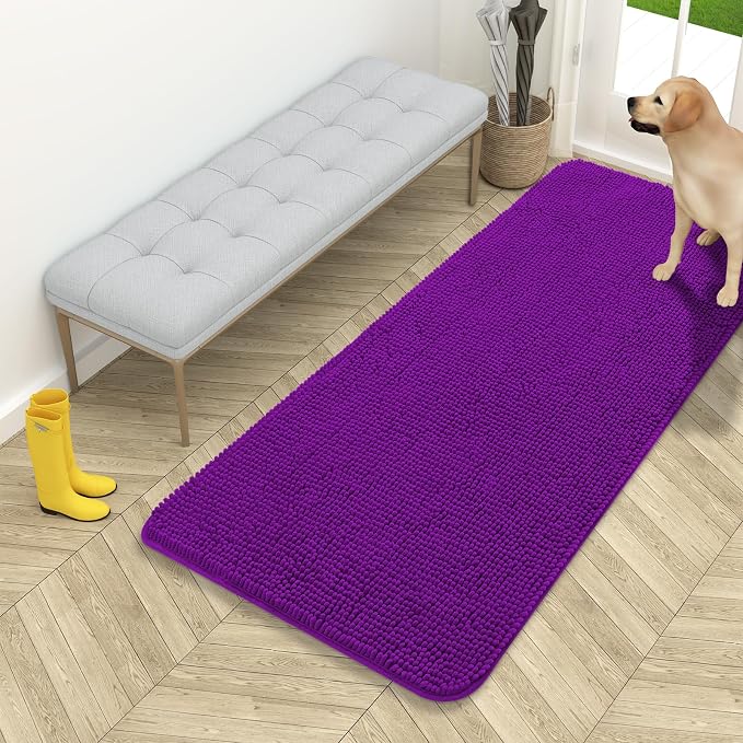OLANLY Dog Door Mat for Muddy Paws 54x24, Super Absorbent Chenille Mud Mat | Purple, Absorbs Moisture and Dirt, Non-Slip Machine Washable Doormat, Quick-Drying Indoor Entryway Floor Carpet for Dogs