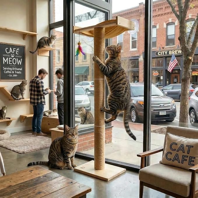 Cat Window Perch with Scratching Post, 46-Inch Tall Climbing Tree & Hammock | Heavy-Duty Suction Cups; Drill-Free; Pine Wood Frame; Holds Up to 40 lbs; For Small to Medium Cat; Sunbathing & Bird Watching
