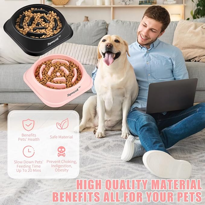 Yopnoyik 2 Pack Slow Feeder Dog Bowls for Healthy Eating, Non-Slip and Anti-Choking Design, Reduces Bloating & Overeating for Large Dogs, Easy to Clean