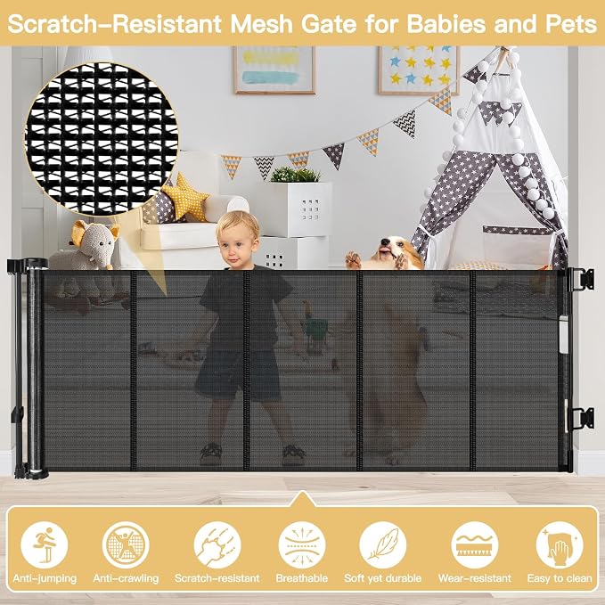 Reinforced 28" Tall x 100" Wide Retractable Baby Gates Extra Wide Dog Gate - Easy Step Over, Long Baby Gate Retractable Dog Gate Indoor Safety Gates Outdoor Gates for Decks with Support Rods, Black