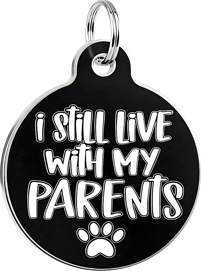 Bad Tags Personalized Dog and Cat ID Tags in 25+ Designs and 2 Sizes - 5 Lines of Custom Engraved Text - Funny Cute Personalized Pet Tags (I Still Live with My Parents, Large (1.25 inch))
