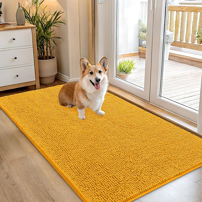OLANLY Dog Door Mat for Muddy Paws 54x32, Super Absorbent Chenille Mud Mat | Golden Yellow, Absorbs Moisture and Dirt, Non-Slip Machine Washable Doormat, Quick-Dry Indoor Entryway Floor Carpet for Dogs