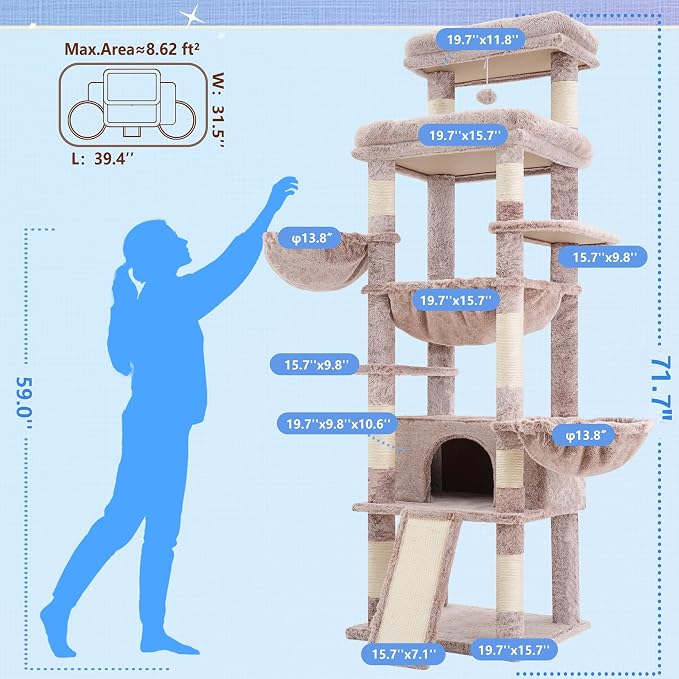 Hey-brother Cat Tree Tower with Extra Large Platform and Basket, MPJ080MU- | 71.7 Inches Scratching Posts with Specious Condo, 2 Cozy Hammocks, Scratch Board for Indoor Adult Cats, Maine Coon Muchroom