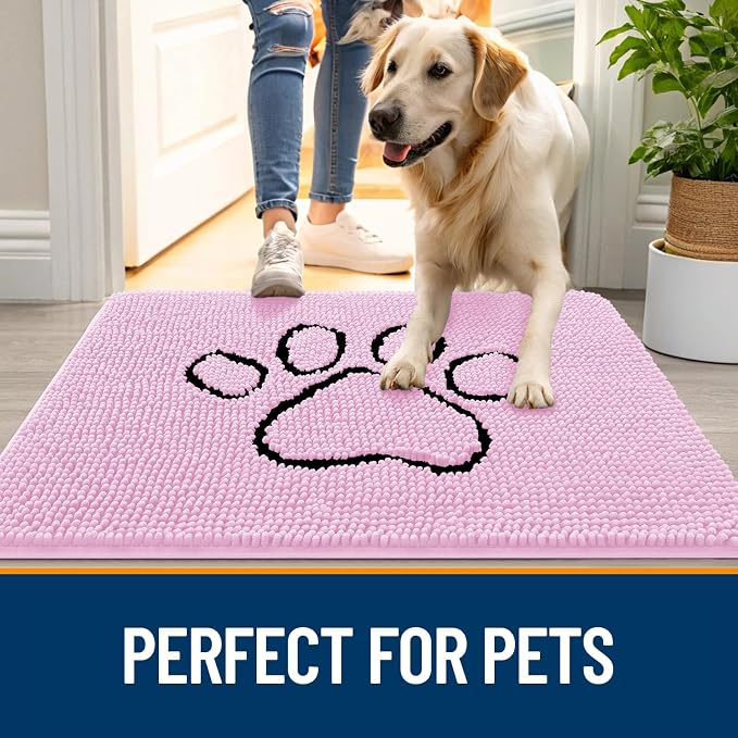 OLANLY Dog Door Mat for Muddy Paws 30x20, Paw Print Design Chenille Mud Mat | Pink, Super Absorbent, Traps Moisture and Dirt, Non-Slip Washable Doormat, Quick-Drying Indoor Entryway Floor Carpet for Dogs