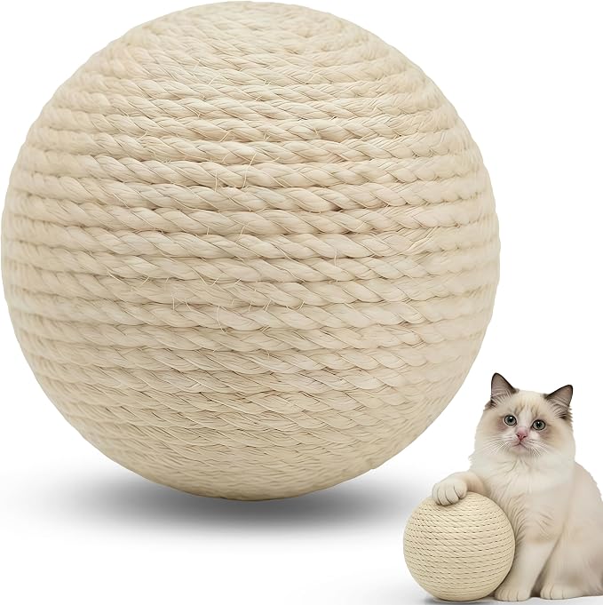 4-Inch Sisal Cat Toy Balls with Crinkle Sound | Indoor Cat Toys for Teething, Claw Sharpening & Play | Large Size Prevents Rolling Under Furniture(White)